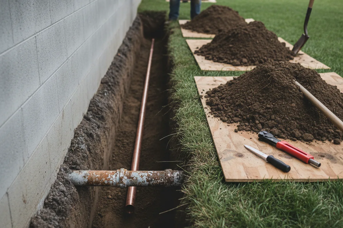 Excavated water line trench during Water Heater Repair in Osprey
